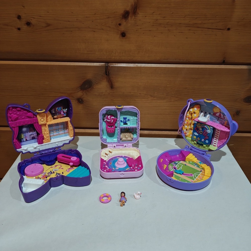 Polly Pocket Lot 3 Mattel Compact Pink Present Candy Sparkle Bow Soccer Squad